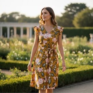 LOFT Mustard Floral Midi Dress
